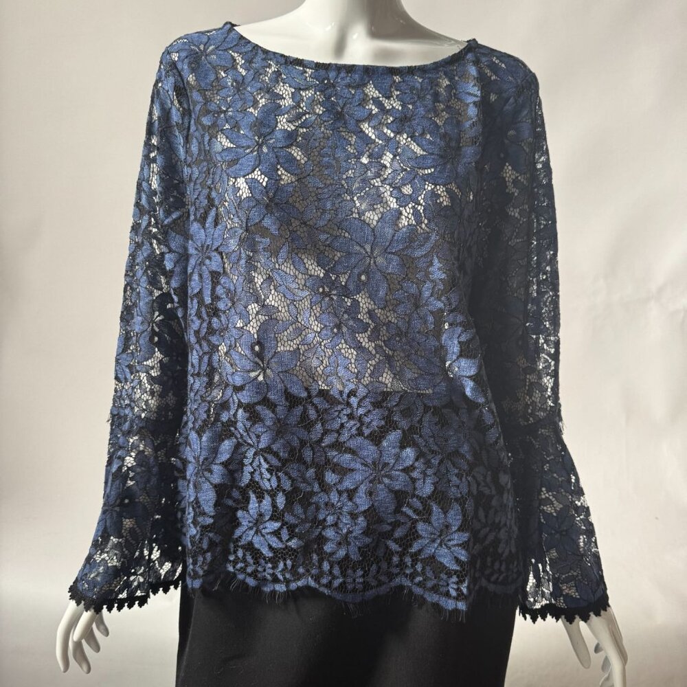 Karen Kane Wild Flower Blue Lace Bell Sleeve Top XL NWT